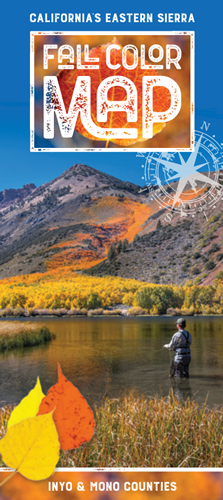 Cover of the "Fall Color Map" for California's Eastern Sierra, featuring a fisherman in a lake near Bishop, surrounded by breathtaking autumn foliage. visit bishop