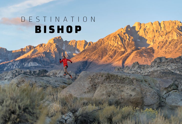 A runner in red gear engages in trail running, traversing rocky terrain with mountains in the background at sunset. Text reads "Destination Bishop. visit bishop