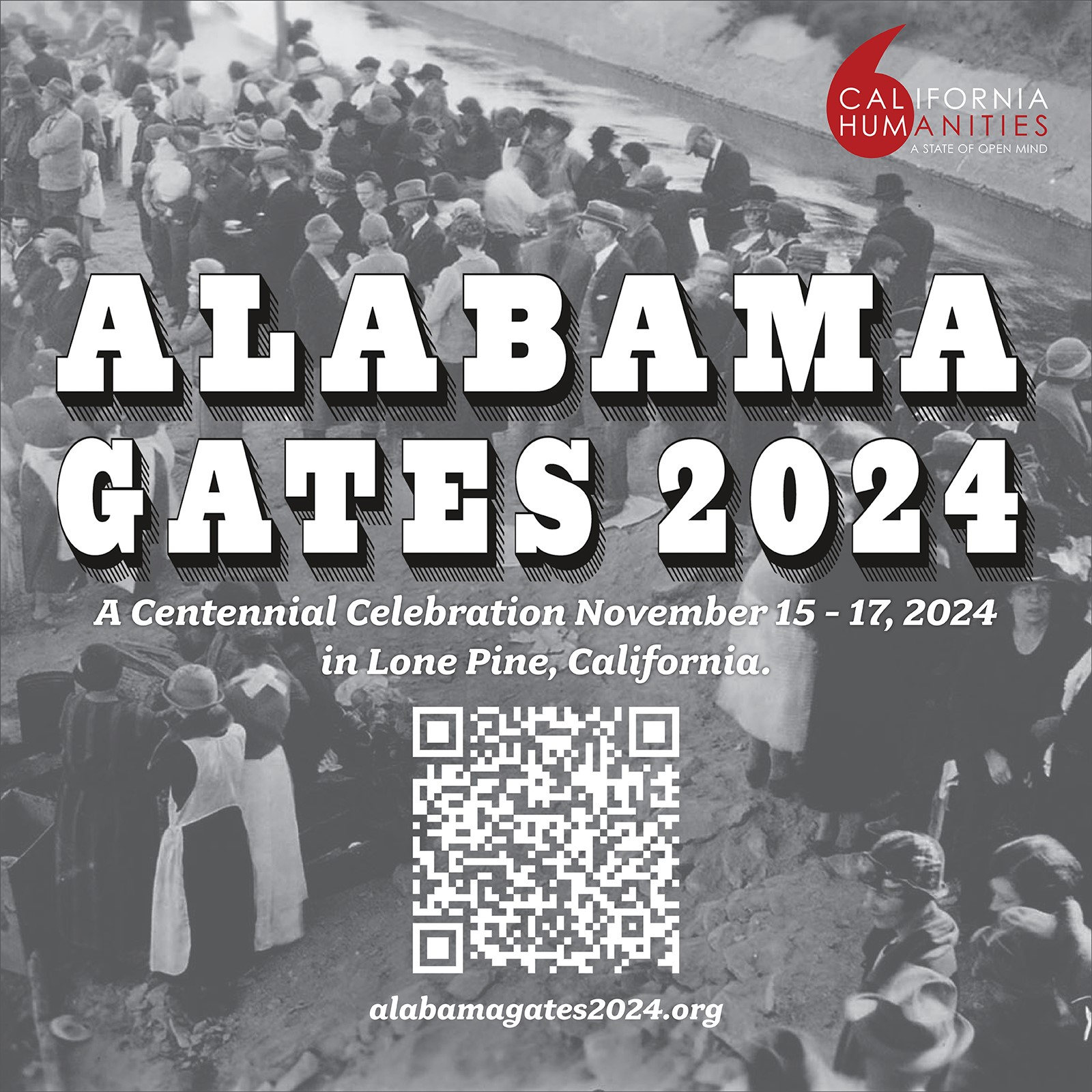 Black and white crowd scene with "Alabama Gates 2024" text and event details in Lone Pine, California. visit bishop