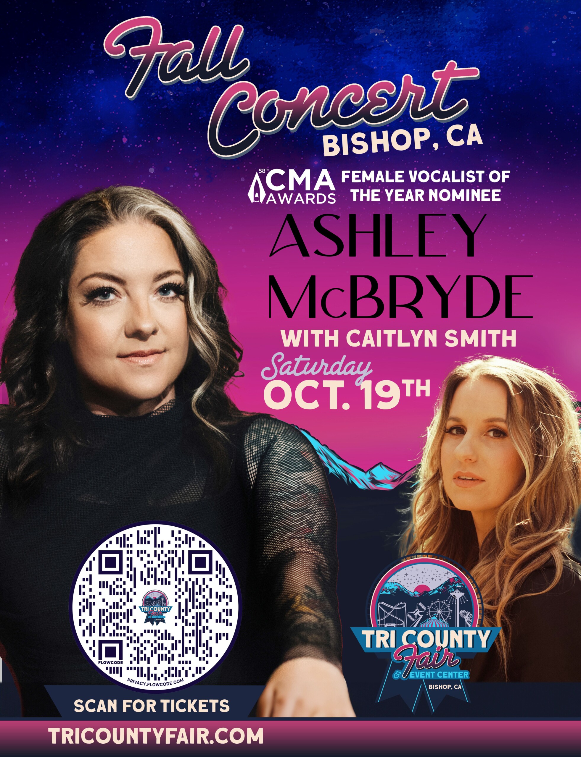 Concert poster with Ashley McBryde and Caitlyn Smith, promoting a fall event on October 19th. visit bishop