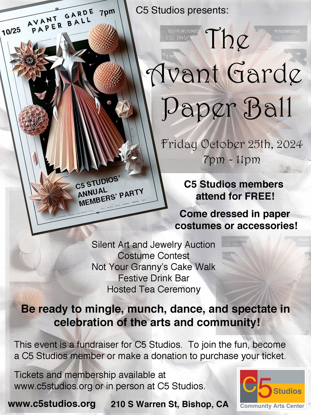 Poster for The Avant Garde Paper Ball event by C5 Studios on October 25th, 2024, featuring paper costumes and activities. visit bishop