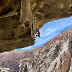 Rock Climber climbing a technical route in the Owens River Gorge
