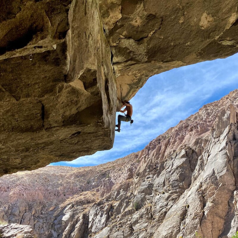Rock Climber climbing a technical route in the Owens River Gorge