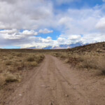 Gravel road on a arid landscape with snow capped mountains in the distance.