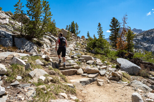 hiker walking up Blue Lake Trail near Bishop CA