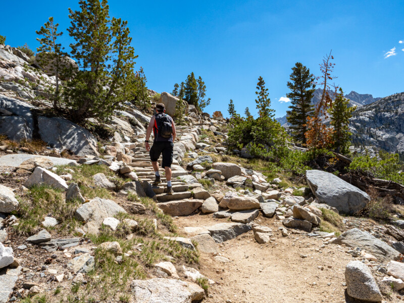 hiker walking up Blue Lake Trail near Bishop CA