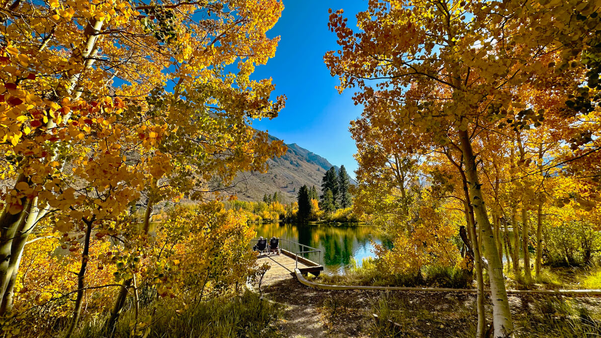Autumn trees surround a small pier on a tranquil lake under a clear blue sky, with two chairs at the end of the pier. visit bishop
