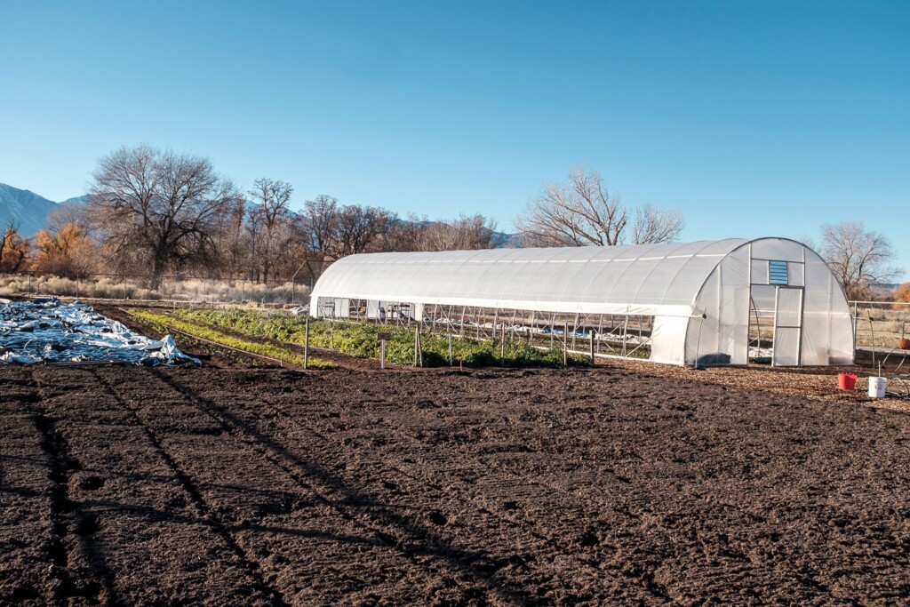 Vegetable hoop hothouse at the Inyo Farm at School in Bishop, CA